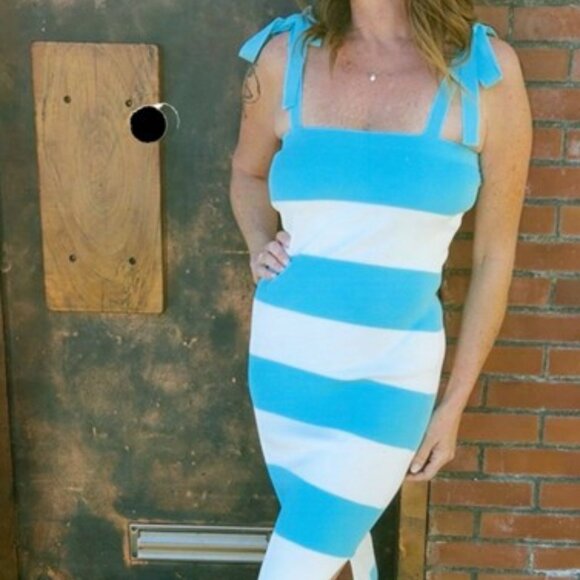 Mable Gabby Dress- stripe-  Knit-ADJ Tie straps- White & Aqua color ASST SIZES - Picture 1 of 11